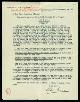 Carta de C. F. Adolf van Dam a Julio Casares en la que expresa su satisfacción por la próxima pub...
