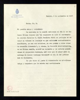 Copia sin firma del besalamano del secretario [a Narciso Alonso Cortés] en el que le comunica el ...