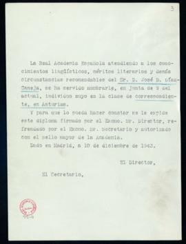 Minuta del diploma de José Díaz-Caneja de académico correspondiente español en Asturias