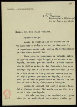 Carta de Magnus Grönvold a Julio Casares en la que le agradece el envío de las 26 separatas de Un...