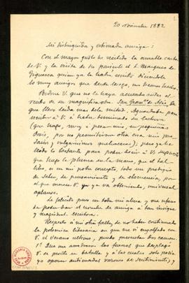 Copia del borrador de la carta de Pedro Antonio de Alarcón a Emilia Pardo Bazán en la que confirm...