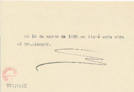 Nota de la fecha en que José Alemany retiró la obra premiada