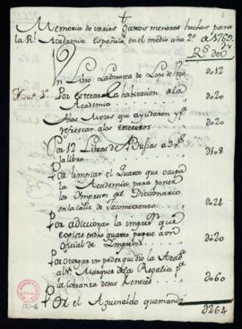 Memoria de varios gastos menores hechos para la Real Academia Española en el medio año 2.º de 1769