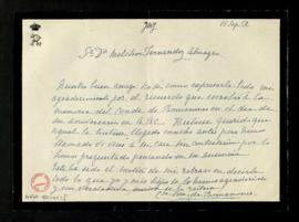 Carta de la condesa de Romanones a Melchor Fernández Almagro en la que expresa su agradecimiento ...