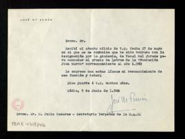 Carta de José María Pemán a Julio Casares en la que le expresa su agradecimiento por su designaci...