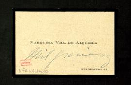 Tarjeta firmada de M.ª Teresa Roca de Togores, marquesa viuda de Alquibia