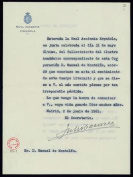 Oficio del secretario Julio Casares a Manuel de Montoliú de traslado del pésame por el fallecimie...