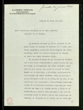 Carta de Pedro José Rada y Gamio al secretario [Emilio Cotarelo] en la que traslada la felicitaci...
