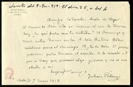 Carta de Julián Ribera a Emilio Cotarelo en la que le pide que se fije la entrada de Asín el domi...