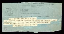 Telegrama de [Tomás] Abeigón, presidente del Casino de Pontevedra, al presidente de la Real Acade...