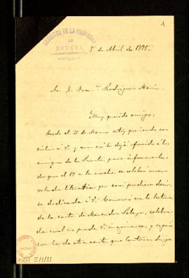 Carta de Antonio Aguilar y Cano a Francisco Rodríguez Marín sobre la velada literaria organizada ...