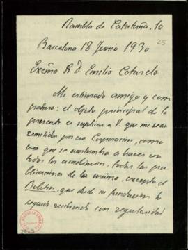 Carta de Antonio Rubió y Lluch a Emilio Cotarelo en la que le comunica su nueva dirección postal ...