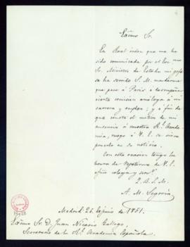 Carta de Antonio María Segovia a Juan Nicasio Gallego en el que le comunica su traslado a París p...