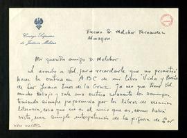 Carta de Jesús Juan Garcés, consejero de Justicia Militar, a Melchor Fernández Almagro en la que ...