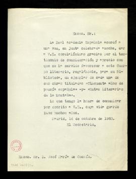 Copia sin firma del oficio del secretario a José María de Cossío en el que le comunica el agradec...
