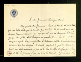 Carta de Antonio Alcalá Venceslada a Francisco Rodríguez Marín en la que le informa de que le pid...