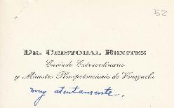 Tarjeta de pésame de Cristóbal Benítez, enviado extraordinario y ministro plenipotenciario de Ven...