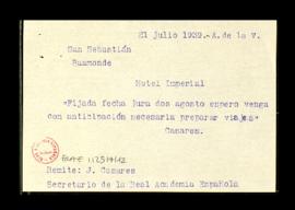 Copia del telegrama de Julio Casares a Baamonde para que vaya a San Sebastián con la antelación n...
