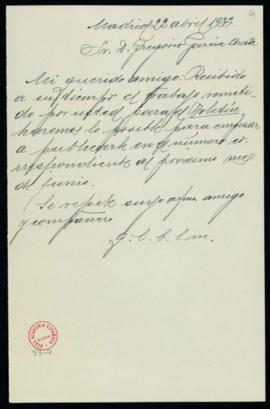 Minuta de la carta [del secretario] a Gregorio García-Arista en la que acusa recibo de su trabajo...