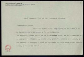 Carta de Juan Moneva y Puyol al secretario en la que acusa recibo de los Estatutos y el Regalment...