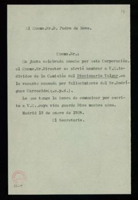 Copia sin firma del oficio del secretario [Emilio Cotarelo] a Pedro de Novo [y Colson] de comunic...