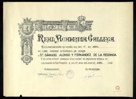 Diploma de Dámaso Alonso de académico de honor de la Real Academia Gallega