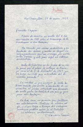 Carta de T. [Tomás] Navarro Tomás a Rafael Lapesa en la que lamenta estar fuera de plazo para la ...