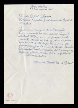 Carta de Mercedes Massari, viuda de Malaret, a Rafael Lapesa, secretario de la Real Academia Espa...