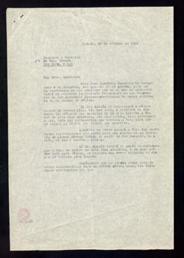 Copia de la carta enviada a Dominick and Dominick con motivo del viaje de Amezúa a las sesiones d...