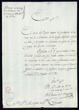 Memorial del conde de Carpio [Juan Sahagún de la Mata Linares] en el que solicita su admisión com...