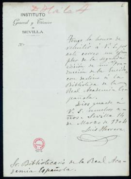 Carta de Luis de Herrera y Robles al bibliotecario con la que remite un ejemplar de la segunda ed...