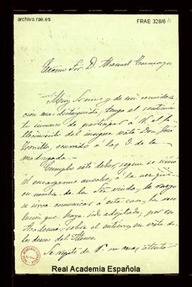 Carta de Esteban L.[ópez] Escobar a Manuel Tamayo [y Baus] de comunicación del fallecimiento de J...