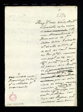Minuta de la carta [de Francisco Antonio de Angulo] a Ant[oni]o Martínez Salazar en la que le tra...