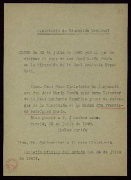 Copia de la orden de 23 de julio de 1940 por la que se dispone el cese de José María Pemán en la ...