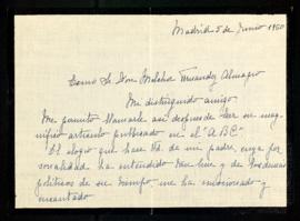 Carta de la condesa de Bugallal a Melchor Fernández Almagro en la que le agradece el elogio que h...
