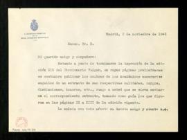 Copia sin firma de la carta del secretario [Rafael Lapesa] a José María Pemán en la que le ruega ...
