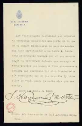 Carta de J[uan] Navarro Reverter al secretario [Emilio Cotarelo] en la que comunica que no ha hal...