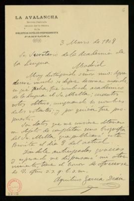 Carta de Aquilino García Deán al secretario [Mariano Catalina] en la que solicita que le comuniqu...