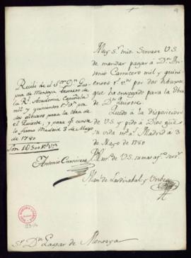 Orden de Manuel de Lardizábal del pago a Antonio Carnicero de 1500 reales de vellón por dos dibuj...
