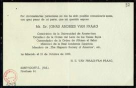 Tarjeta de H. E. van Praag-van Praag de comunicación del fallecimiento de J. A. van Praag