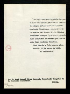 Copia del oficio del secretario [Rafael Lapesa] a José Manuel Rivas Sacconi, secretario perpetuo ...
