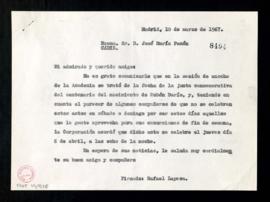 Carta de Rafael Lapesa a José María Pemán en la que le dice que la sesión del centenario de Rubén...