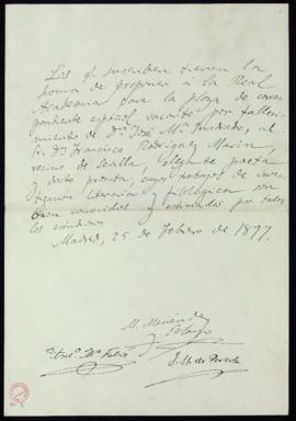 Propuesta de Francisco Rodríguez Marín como académico correspondiente español en la plaza vacante...