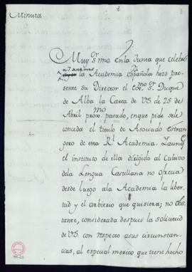 Minuta de la carta [de Francisco Antonio de Angulo] al ábate Expilly en la que le comunica su adm...