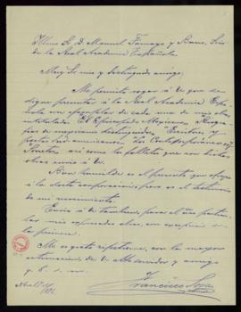 Carta de Francisco Sosa a Manuel Tamayo y Baus con la que ofrece y envía un ejemplar de sus obras...