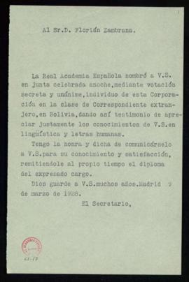 Copia sin firma del oficio del secretario a Florián Zambrana de traslado de su nombramiento como ...