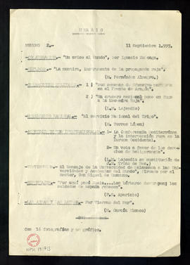 Noticiero de España. Sumario. Número 2. 11 de septiembre de 1937