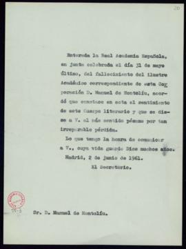 Copia sin firma del oficio del secretario a Manuel de Montoliú de traslado del pésame por el fall...