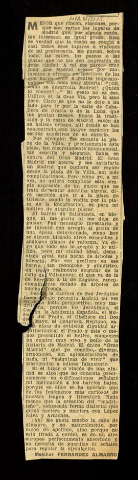 Recorte de periódico con artículo de Melchor Fernández Almagro sobre Madrid