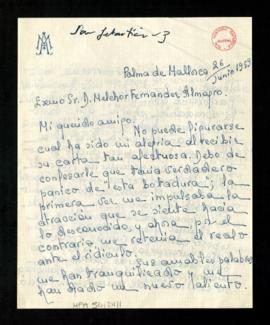 Carta de Ana María de Sagrera a Melchor Fernández Almagro en la que le agradece la suya y le dice...